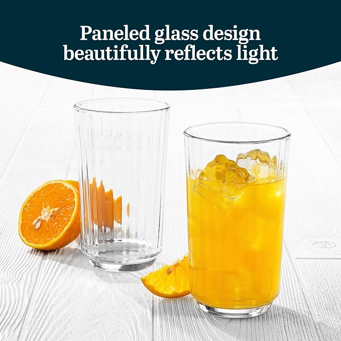 Libbey Paneled Highball Glasses Set of 6, 17 Oz Fine Ribbed Line Whiskey Glasses Set, Dishwasher Safe Highball Champagne Glasses for Juice, Iced Tea
