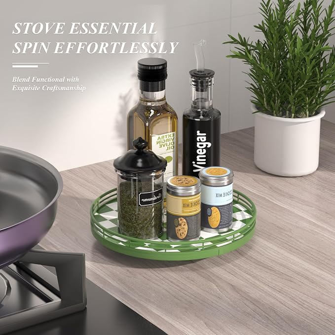Green and White Checkerboard Lazy Susan with Rubberwood Base and Metal Rail | Smooth rotating oak tray with walnut finish for dining tables, kitchen counters, pantries and cabinet storage.