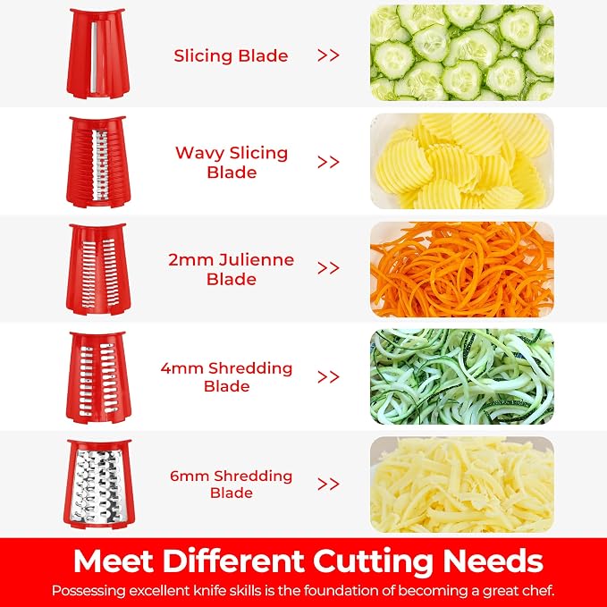 SUSTEAS Rotary Cheese Grater 5 Blades,Kitchen Mandoline Vegetable Slicer | Red, Easy to Clean, Strong Suction Base, 5 Blades Storage Box, Round Mandoline Slicer & Food Chopper for Salad