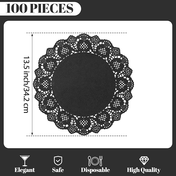 100 Pack 13.5 Inch Round Black Paper Doilies, Disposable Lace Placemat | Rustic Scallop Doily Table Pads, Heavy-Duty Paper Place Mats for Cakes, Crafts, Parties, Weddings, Buffet, Home Decor