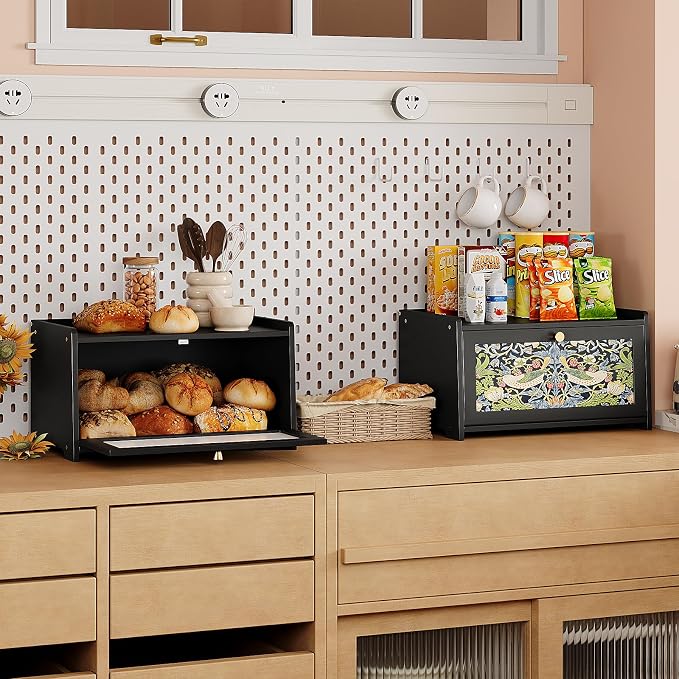 Trironsun Bread Box for Kitchen Counter Black Bread Storage Container with Acrylic Door William Morris Flower Bird Design Farmhouse Breadbox Organizer (Black)