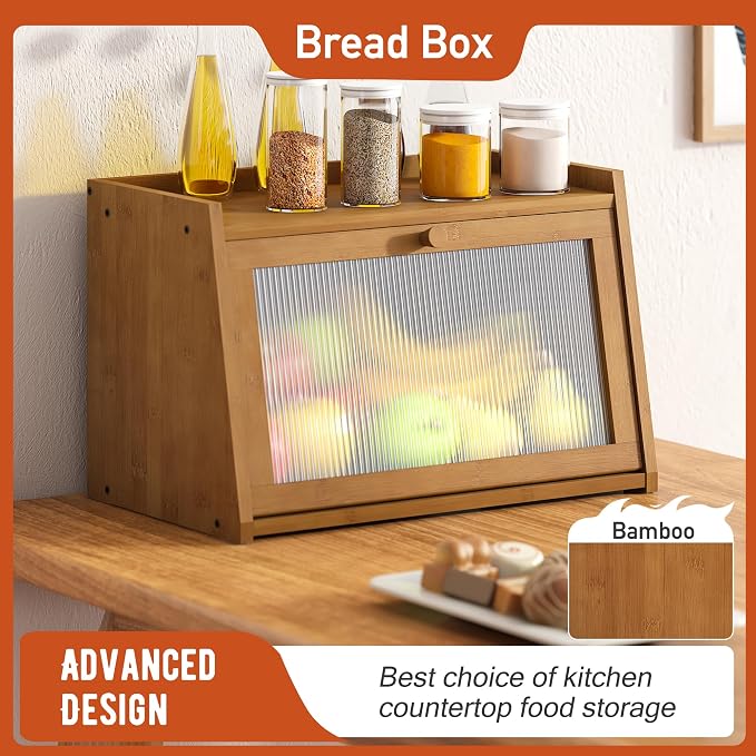 GHWIE Large Bread Box, Easy Access & Cleaning - Bamboo Bread Box for Kitchen Countertop with Acrylic Door (Coffee, Medium)