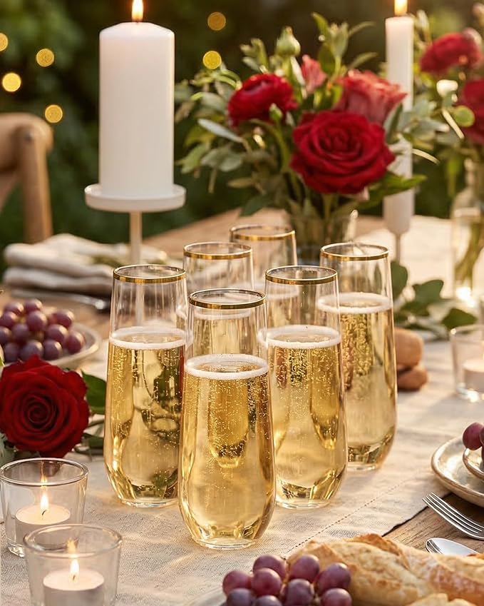 Ciaell 24 Pack Gold Plastic Champagne Flutes for Mimosa Bars | 9 oz Gold Stemless Mimosa Glasses, Heavy Duty Plastic, Champagne Mimosas Wine Cocktails for Weddings Birthdays Parties