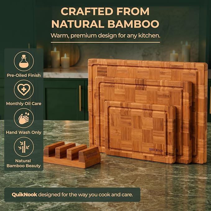 Pack of 3 Pre-Oiled Bamboo Cutting Board Set with Holder | Extra Thick End Grain Bamboo Wooden Cutting Board for kitchen with Deep Juice Grooves | Non Toxic Chopping Board Set with Build-in Handles