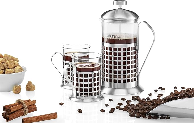 Gourmia GCM9830 French Press Coffee Maker Set 600 ml French Press Coffee Brewer With 2 Matching Stainless Steel Drinking Cups