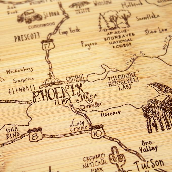 Totally Bamboo A Slice of Life Arizona Engraved Map Cutting Board | 11” x 8.75” charcuterie board with engraved state map artwork. Smooth reverse side for food prep. Hang tie for wall display.