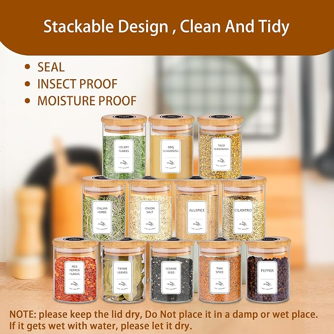 SLifeJars-Spice Jars with Label, 7.5 oz 20pcs Spice Containers Glass Jars with Bamboo Lids, Seasoning Containers Bottles,Airtight Empty Spice Jars for Spice Rack, Drawer,Cabinet,Pantry