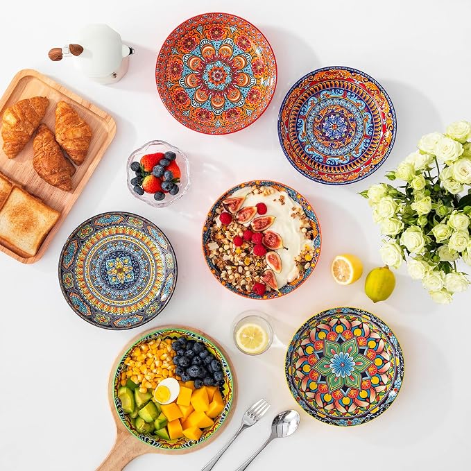 vancasso 32 Oz Pasta Bowls, Porcelain Large Colorful Salad Soup Bowls Set of 6, Pasta Serving Bowls Plates for Kitchen, Dishwasher & Microwave Safe, Series KRVI