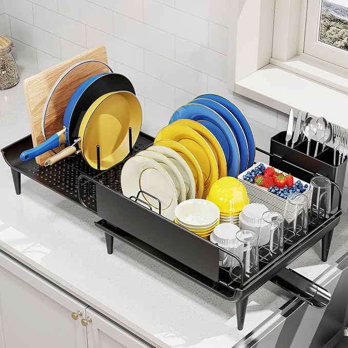 Urackify Expandable Dish Drying Rack with Drainboard for Kitchen Counter | Expands from 16.9 to 26.6 inches to fit more dishes, plates with fast drainage and flexible placement for any sink