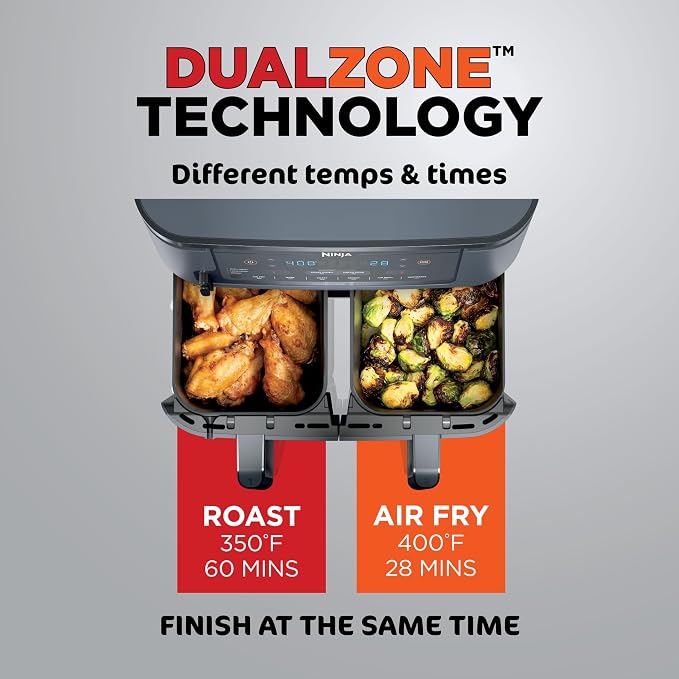 Ninja 6-in-1 10 QT Air Fryer, Foodi Smart Thermometer, Roast, Bake, Air Fry, Crisps, Broil, Reheats, Keep Warm, Fries, Frozen Food, Veggies, & Meat, Light Grey, DZ550GY (Renewed)