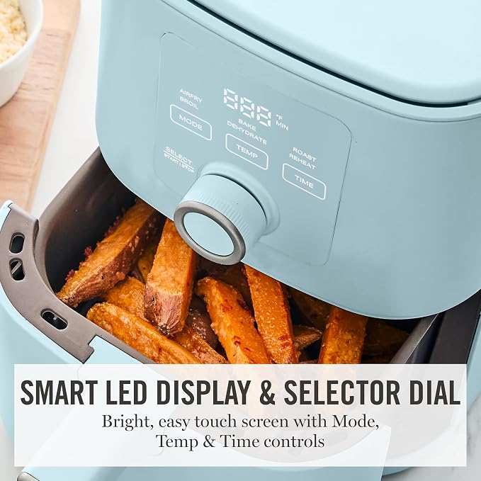 Martha Stewart 6-Quart Air Fryer, 6 Presets, Space Saving, Sky Blue | 3lb Capacity, PFAS-Free Ceramic Nonstick Basket & Tray, Bake, Roast, Broil, Dehydrate, Reheat, Shake Reminder, Heat up to 400
