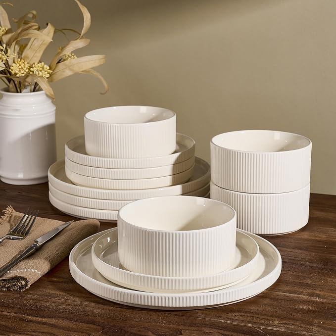 Line Porcelain Dinnerware Set, dish set for 4, Creamy White | Premium dinnerware set, chip-resistant & durable. Safe for dishwasher, microwave, oven. For daily meals to festive feasts