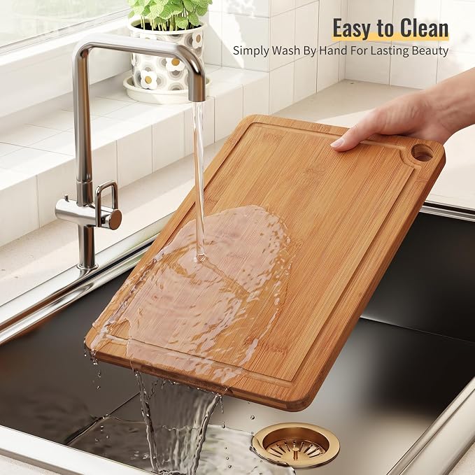 Bamboo Cutting Board Set for Kitchen, Charcuterie Board with Juice Grooves | 3-piece set with storage stand; pre-oiled; deep juice channels; Chopping Board for meat,cheese,vegetables