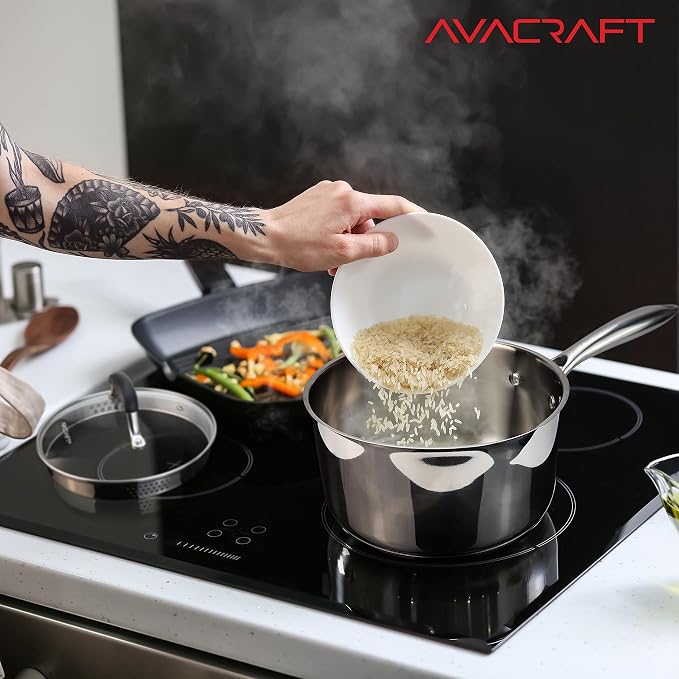 AVACRAFT 3.5 Quart Stainless Steel Saucepan with Glass Strainer Lid | 18/10 Stainless Steel, 5-Ply Capsule Base, Dual Pour Spouts, Induction Compatible, Ergonomic Handle, Dishwasher Safe