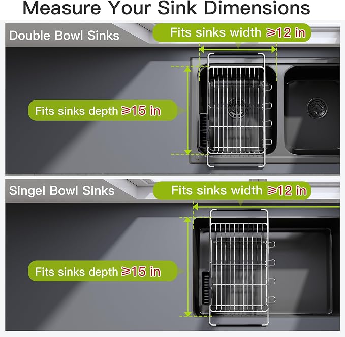 JASIWAY Dish Drying Rack in Sink, Dish Drainer with Cup and Utensil Holder | Over The Sink Expandable Stainless Steel Strainer Dryer Rack for Small Kitchen, Counter Space Saving, Fast Drain, Rustproof