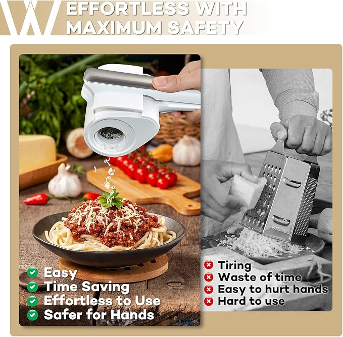 Electric Cheese Grater for HARD Cheeses (NOT Cheddar!) - Wongle Automatic Handheld Electric Cheese Grater for Parmesan Cheese, Cordless with USB-C Charging Station (White)