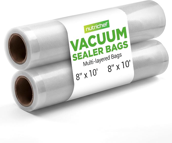 NutriChef Vacuum Sealer Bags 8x10 Rolls 2 Pack - Food Saver, Seal a Meal - Commercial Grade, Heavy Duty, Wrinkle Free, Keeps Produce Fresh, Ideal for Storage, Meal Prep, Sous Vide Cooking