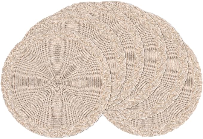 SHACOS 15 inch Round Placemats Set of 6 Boho Woven Braided Border Table Mats Washable Heat Resistant Circle Place Mats for Dining Table, Beige