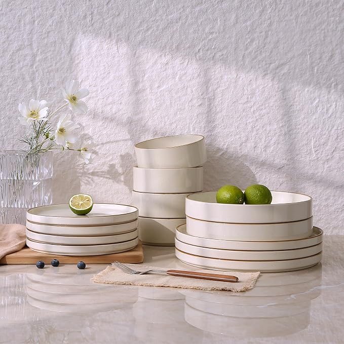 Famiware Nebula 16-Piece Plates and Bowls, Vanilla White with Brown Rim | Stoneware Dinnerware Set with Pasta Bowls, Service for 4 - Chip & Scratch Resistant, Microwave & Dishwasher Safe