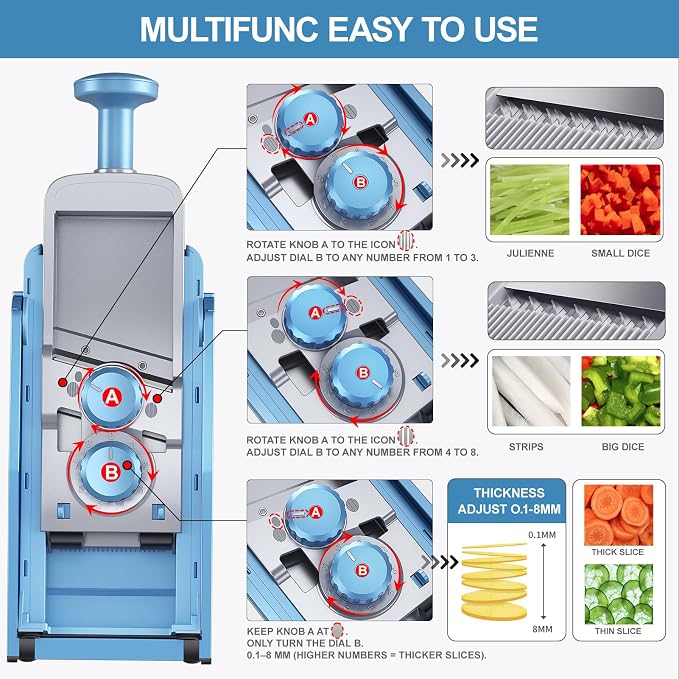 SupMaKin Upgrade Safe Mandoline Slicer,Multi Vegetable Chopper,Potato Slicer, Onion Chopper with Drain Basket Storage Container, Cheese Grater Kitchen Chopping Artifact (BlueGray)