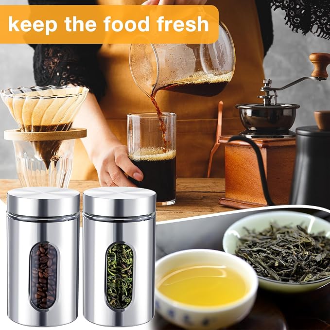 6 Pack Kitchen Canisters Set Airtight Coffee Sugar Tea Candy Storage Jars with Window Glass Stainless Steel Containers with Lids for Flour Cookies Spices Grains Kitchen Decorations(32 oz)