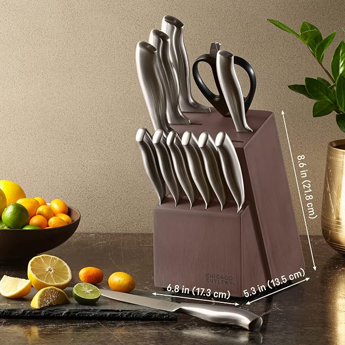 Chicago Cutlery Insignia (13-PC) Kitchen Knife Block Set With Wooden Block, Contoured Handles and Sharp Stainless Steel Professional Chef Knife Set & Scissors | Contoured Handles and Sharp Stainless Steel Professional