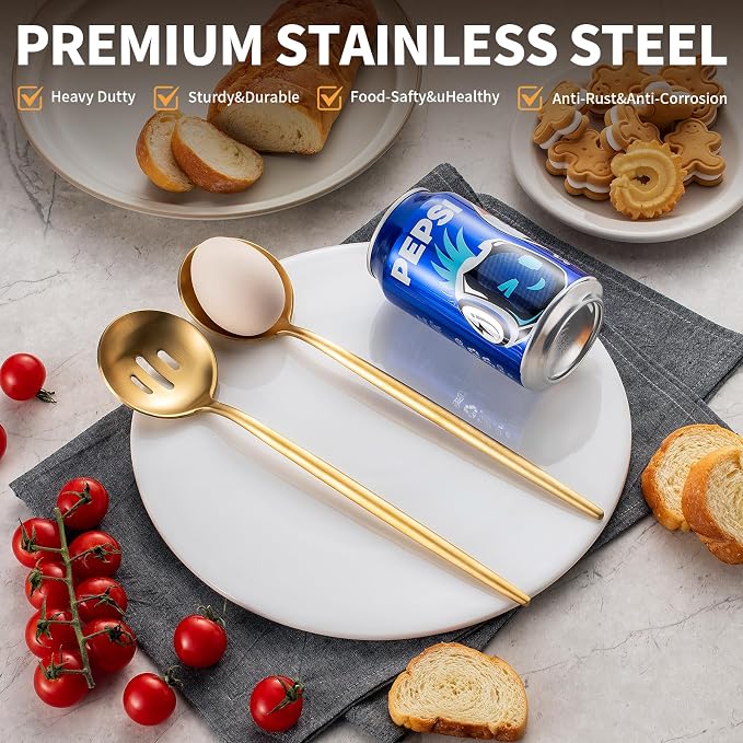O.C.E. 4 Pcs Serving Spoons Set,Includes 2 Serving Spoons and 2 Slotted Spoon,Large Spoon for Catering Buffet,Matte Gold Utensils,Dishwasher Safe,10.3 Inches