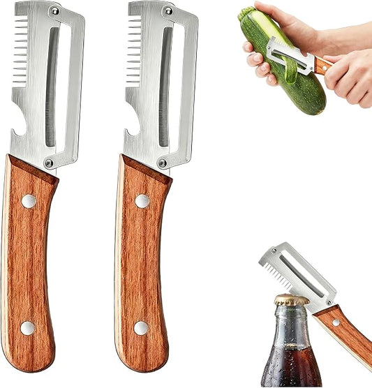 2-Pack Multifunctional Vegetable Peeler, 3 in 1 Stainless Steel Peeler with Wooden Handle, Julienne Peeler & Bottle Opener, Kitchen Vegetable Peelers for Potato, Carrot, Apple, Fruits & Veggies