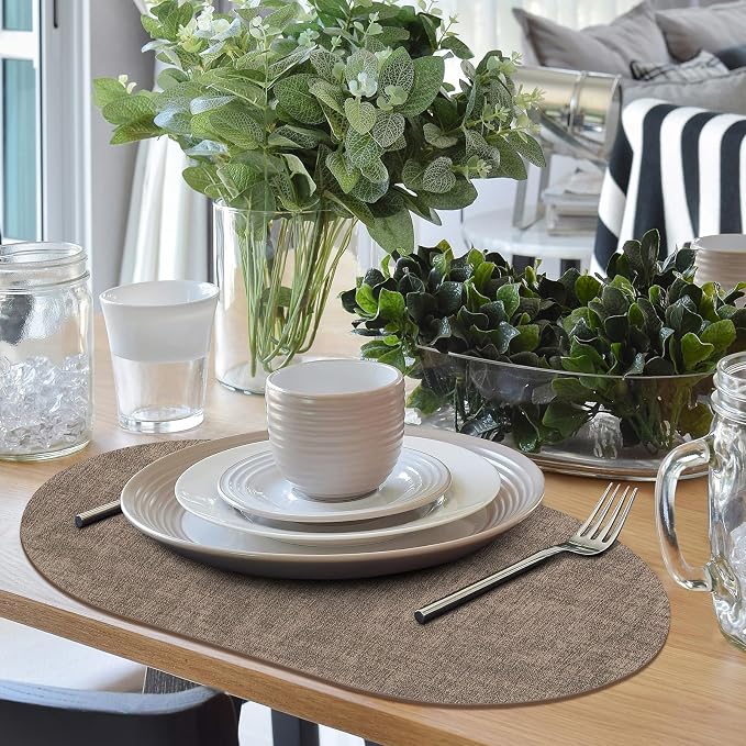 Placemats Set of 6 - Washable Heat Resistant Table Placemats - Wipeable Faux Leather Oval Place Mats, Waterproof Table Mats for Dining Table, Dark Brown
