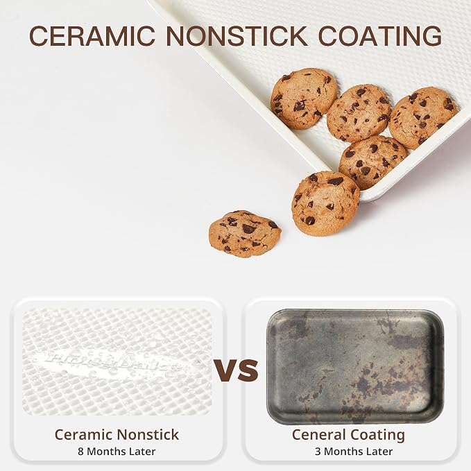 3 Pack Nonstick Ceramic Baking Sheet Pan Set for Oven, Non-Toxic Half/Quarter/Jelly Roll Pans with Diamond Texture, 0.8mm Aluminized Steel Cookie Trays for Cooking, Cream