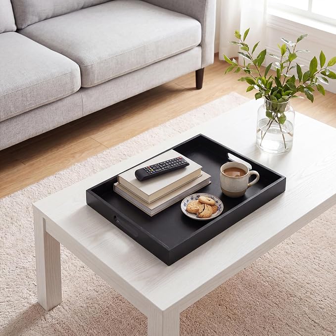 RRX Wood Serving Trays with Handles, Set of 7 Rectangular Tray,Black | Nesting Bamboo Tray for Breakfast in Bed, Kitchen, Entertaining, Couch, Party, Platters, Coffee Table, Countertop Home Decor
