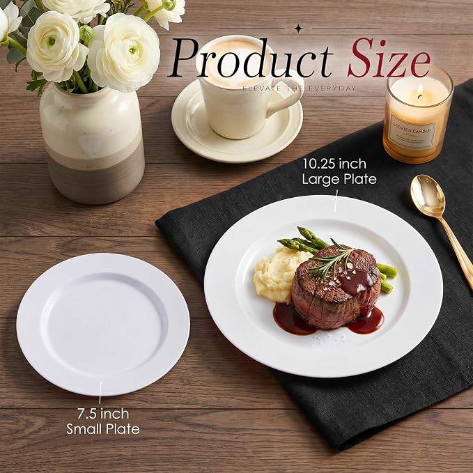 KIRE 120PCS White Plastic Plates - Heavy Duty White Disposable Plates for Party/Wedding - Include 60Pieces 10.25inch Dinner Plates - 60Pieces 7.5inch Dessert/Salad Plates