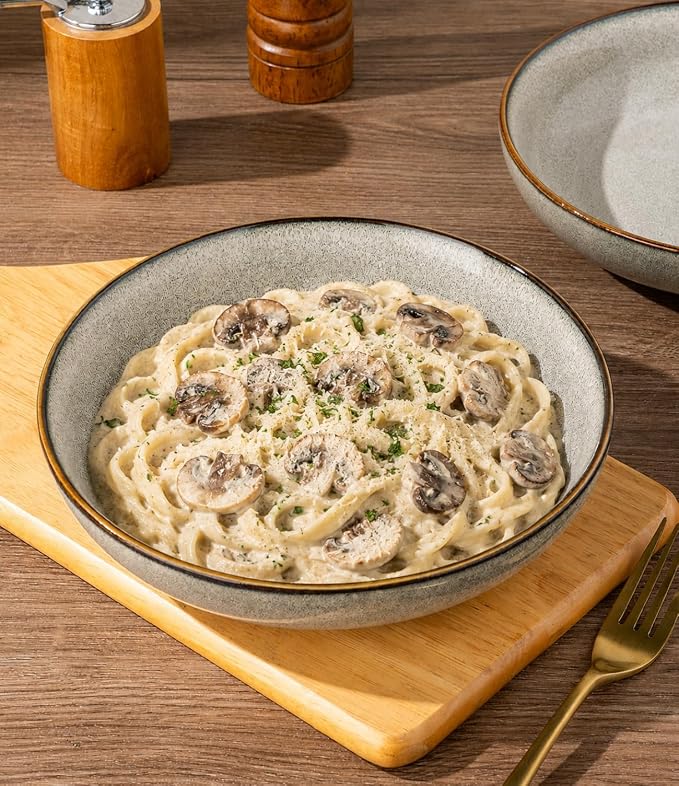 AmorArc 8.5’’ Ceramic Pasta Bowls Set of 4, 36oz Large Stoneware Bowls Set | Large Dinner Serving Bowls Set, Wide Bowl Plate for Pasta,Salad, Soup, Microwave Safe, Reactive Glaze-Green Wheat