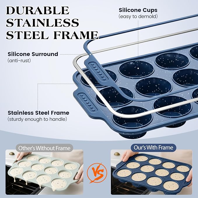 Silicone Muffin Pans for Baking with Metal Reinforced Frame | Nonstick 12-Cup Regular Size Cupcake Tray for Egg Bites, Muffins & Cupcakes, Dishwasher Safe, Titan Blue, Set of 2