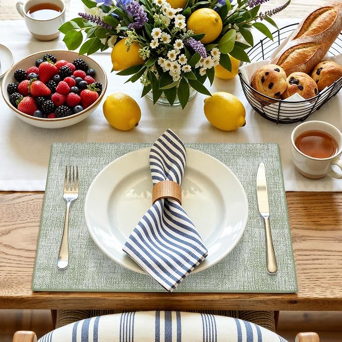 Faux Leather Heat Resistant Placemats 8 Packs, Waterproof Wipeable Dining PU Place Mats for Indoor & Outdoor, Easy to Clean, Light Green