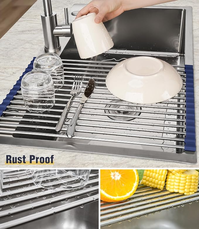Tomorotec Roll Up Dish Drying Rack Over Sink, 304 Steel, 17.7x12.5, Indigo | Anti-Slip Silicone Rims For Grip, Heat-Resistant Trivet Mat Holding Heavy Cookware, Rustproof Kitchen Counter Space Saver