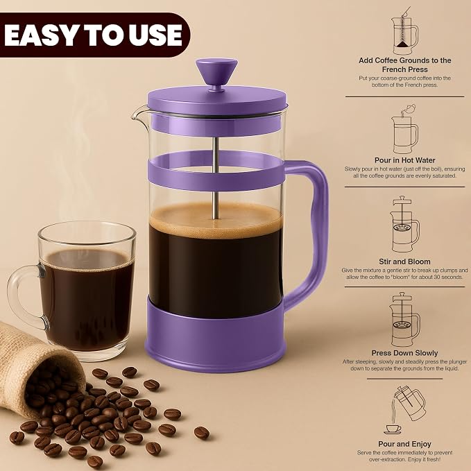 Utopia Kitchen Borosilicate Glass French Press Coffee Maker 34 Oz, Plum | Heat-Resistant Cafetiere & Tea Maker, Thickened Glass Coffee Press for Travel and Camping