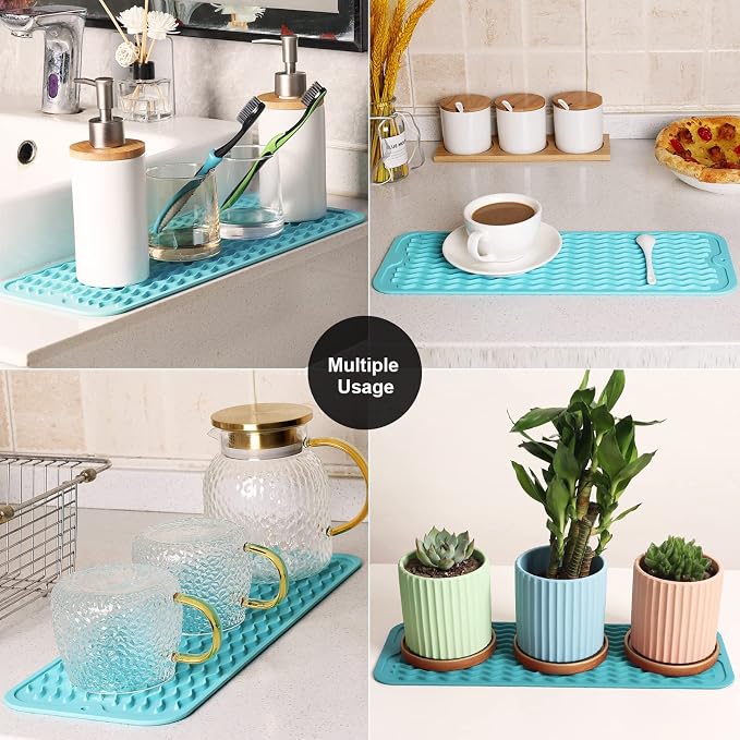 ZLR Small Dish Drying Mat for Kitchen Counter, 6"x17", Mint Green | Narrow Silicone Drainer for Apartment, Dorm & RV, Wavy Ridges Quick-Dry, Non-Slip, Rolls Up, Dishwasher Safe