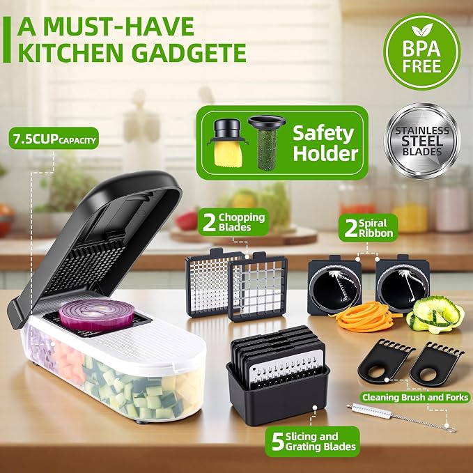 Vegetable Chopper with Container, 12 in 1 Manual Food Chopper Cutter, Black | Multifunctional Sharp Blades Slice, Dice, Shred & Grate for Onions, Salads, Fruit at Home Kitchen for Various Use