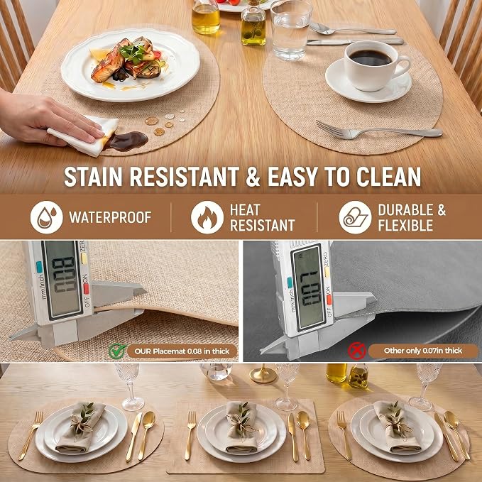 Faux Leather Placemats Set of 4, Wipeable Waterproof Stain Resistant Table Mats, Heat Resistant Thick Placemats with Hand-Painted Edges for Kitchen Dining, Imitative Linen Texture, Various Shapes