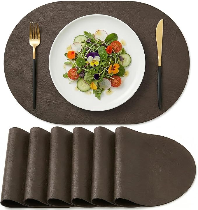 Artoid Mode Coffee Brown Faux Leather Oval Placemats Set of 6, 12 x 18 Inch Waterproof Wipeable Heat Resistant Vinyl Place Mats, Reversible Table Mats for Kitchen Dining Decor