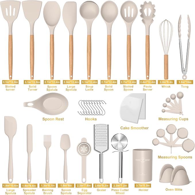 Silicone Cooking Utensils Set, 43Pcs Non-Stick Heat Resistant Kitchen Utensils Spatula Set with Wooden Handle for Baking, Cooking, and Mixing, Best Kitchen Gadgets Tools with Holder (Khaki)