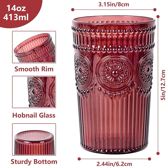 Ciaell 12 Pack Burgundy Plastic Water Glasses for Parties Dinners | 14 oz Burgundy Embossed Ribbed Vintage Drinking Cups, Heavy Duty Plastic, Beer Juice Cocktails for Outdoor Bars Showers