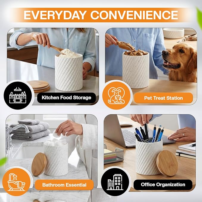 Flour Sugar Storage Containers - Ceramic Canister Set of 3 with Airtight Bamboo Lids for Kitchen Counter - 80, 40 & 20 oz, White