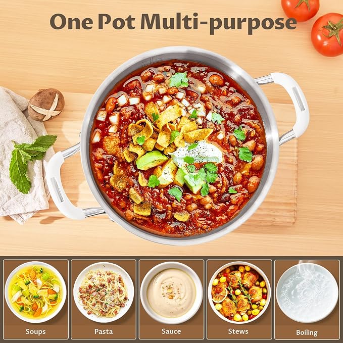 BEZIA 6QT Fully Clad 3-Ply Stainless Steel Stock Pot with Lid, Cooking Pot | Cool-Touch Silicone Handles, Premium Heat Retention & Durability, Oven & Dishwasher Safe, Induction Ready, for Quick Meals