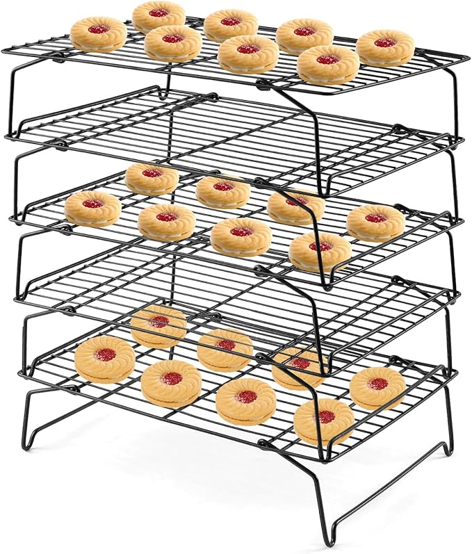 Leonyo 5-Tier Collapsible Cooling Rack for Cooking and Baking, 15 x10 Inch | Stainless Steel Baking Cooking with Foldable Feet, Non-toxic Coating & Heat-resistant up to 575℉, Black
