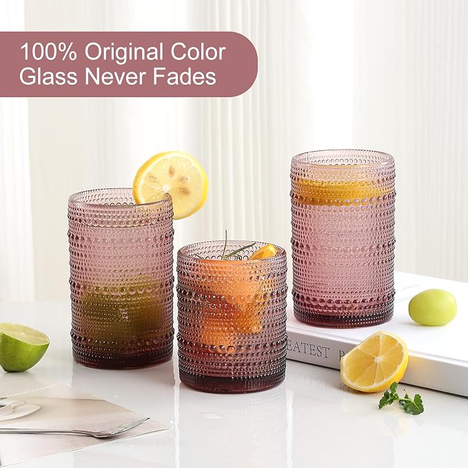 ZMOWIPDL Drinking Glasses Set of 12,Purple 12oz & 15oz Hobnail Glass Cups | Vintage Glassware，Embossed Water Tumbler,for Beer,Cocktail,Whiskey,Juice and Various Mixed Drinks- 1 Cleaning Brush
