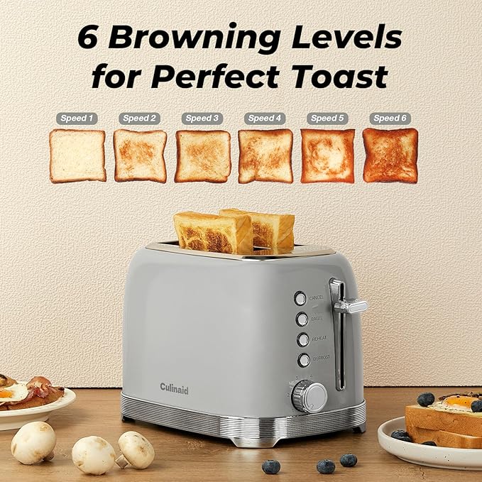 Toaster 2 Slice Retro Stainless Steel, Gray | 1.5” Extra Wide Slots with Bagel, Defrost, Reheat, Cancel Functions, 6 Bread Shade Settings, Removable Crumb Tray