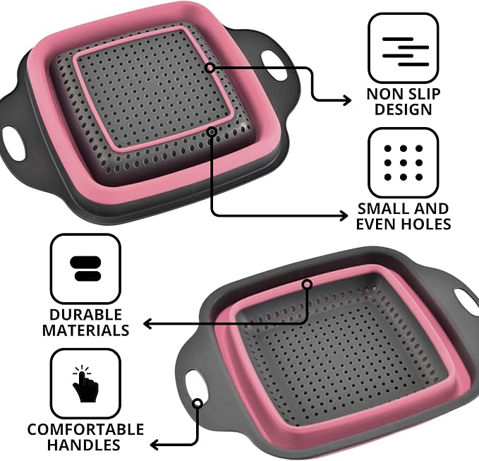Pink Silicone Food Colander Kitchen – Small Collapsible Strainer with Handle Collapsable Strainer Kitchen Foldable Colander for Pasta Spaghetti Fruit Vegetable