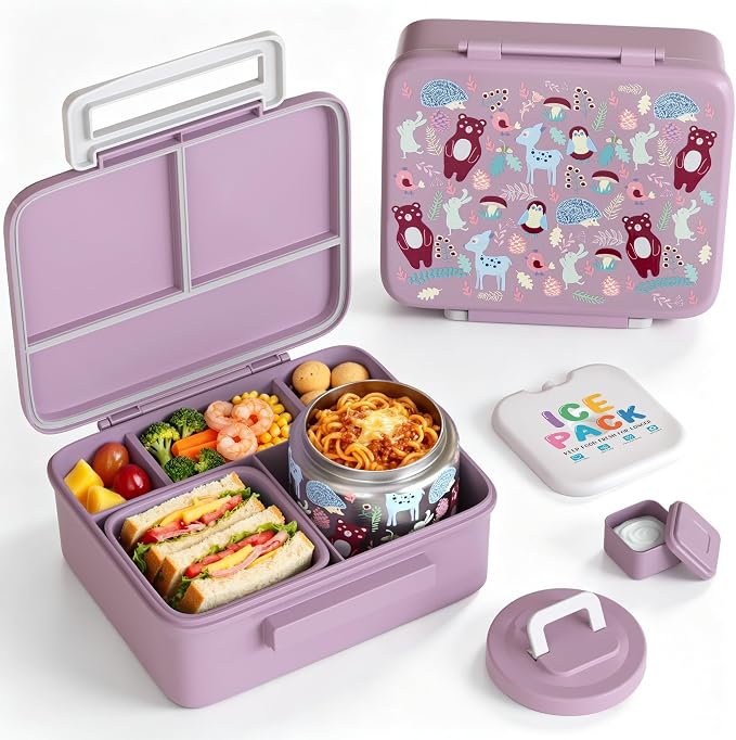 Kids Lunch Bento Box with 8oz Thermo/Ice Pack, BPA-Free, for School | Leak-proof Food Containers with 5 Compartment, Insulated Food Jar, Dishwasher Safe, Easy to Clean, Lunch Box for Girls Boys